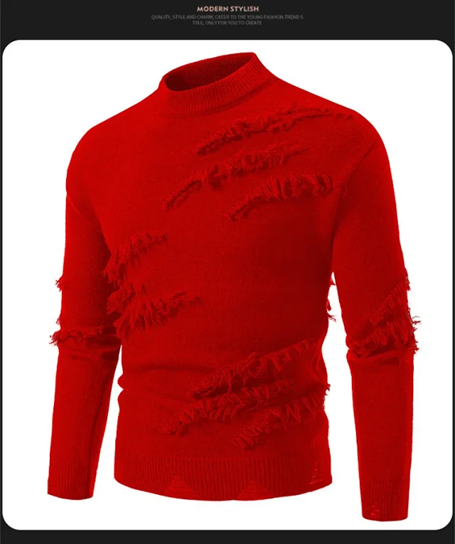 Men's Distressed Round-Neck Knit Sweater Casual Detail