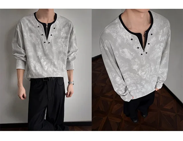 Men's Half-Zip V-Neck Tie-Dye Long-Sleeve T-Shirt Detail