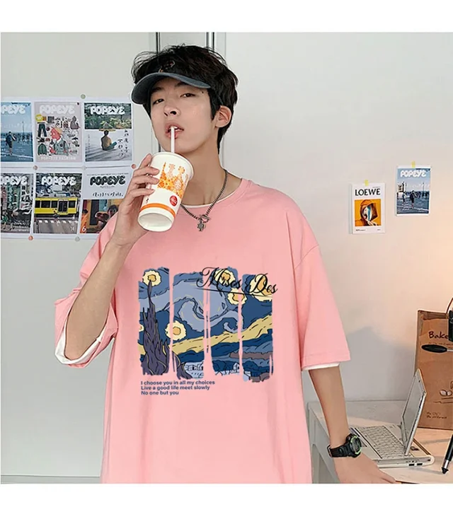 Starry Night Men's Loose Cotton T-Shirt Detail