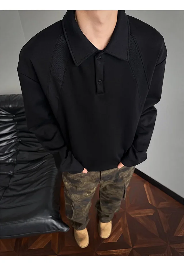 Men's Heavyweight Boxy Deconstructed Long-Sleeve Polo Detail
