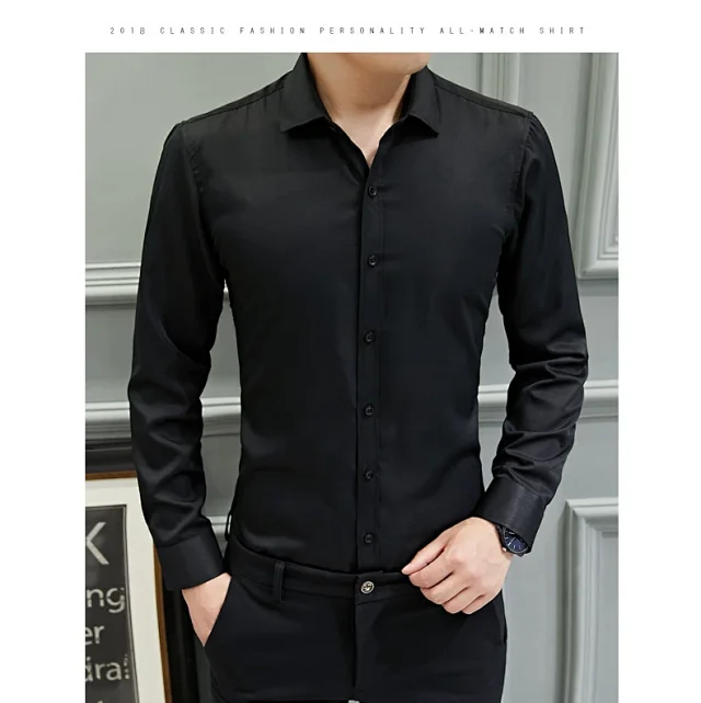 Men's Slim-Fit Long-Sleeve Korean White Shirt Detail