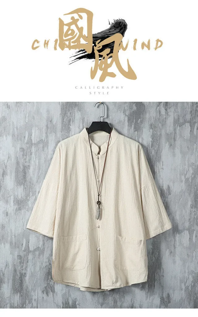 Wind Men's Loose Chinese Short-Sleeve Shirt Detail