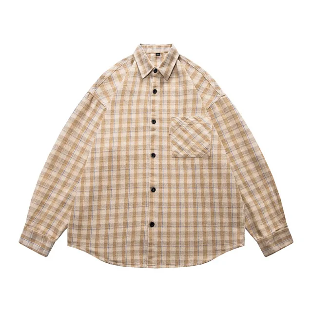 Japanese-Style Men's Cotton Oversize Plaid Shirt Detail