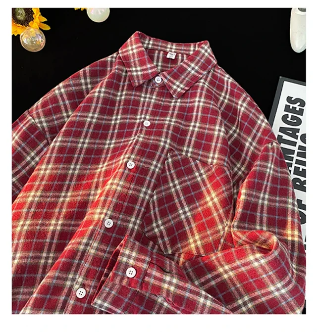 Men's Red Japanese Brushed Plaid Overshirt Detail