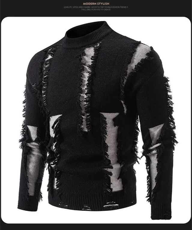 Men's Distressed Loose Knit Sweater Autumn Detail