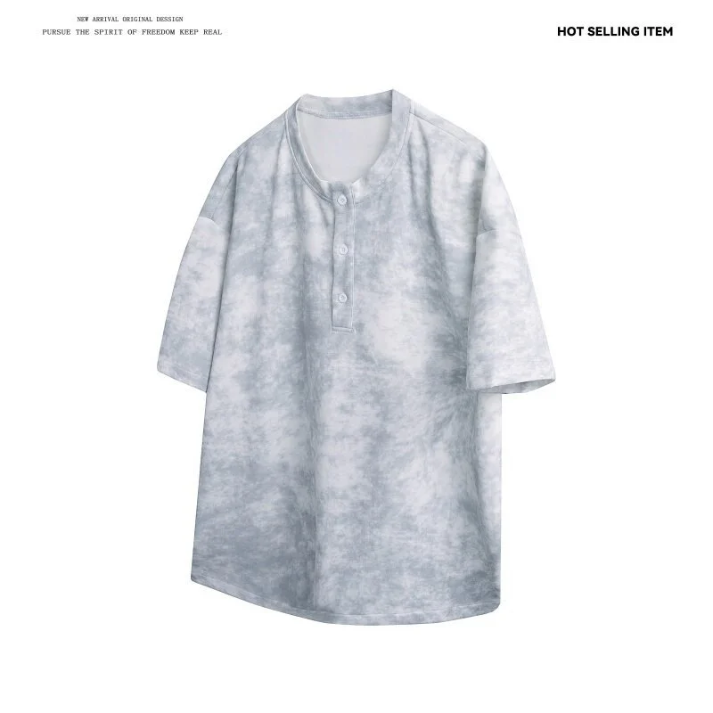 White Tie-Dye Matte Distressed Henley T-Shirt