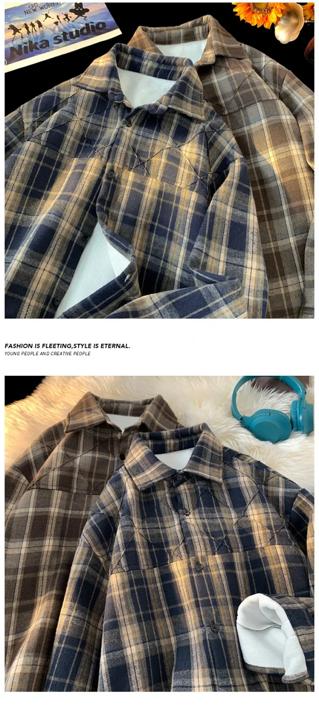 Men's Winter Fleece Retro Plaid Overshirt Detail