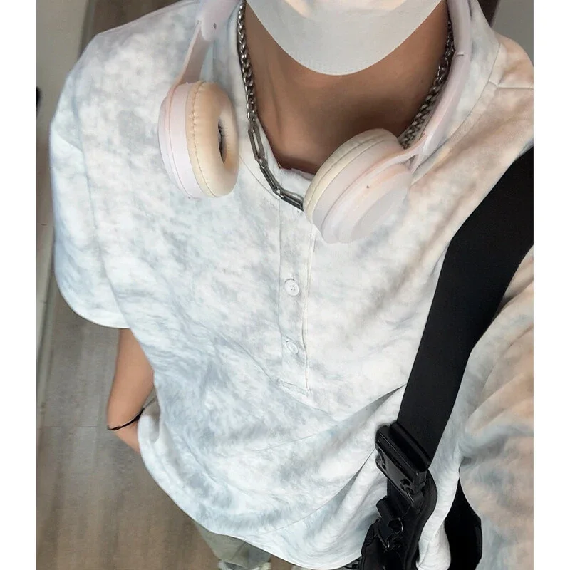 Distressed White Tie-Dye Matte Henley Tee