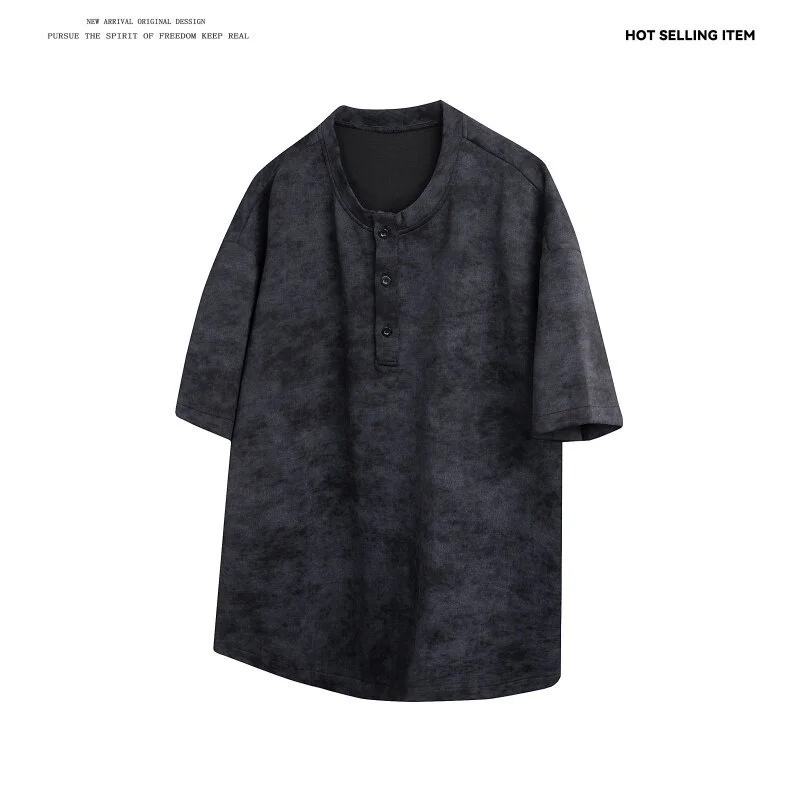 White Tie-Dye Matte Distressed Henley T-Shirt