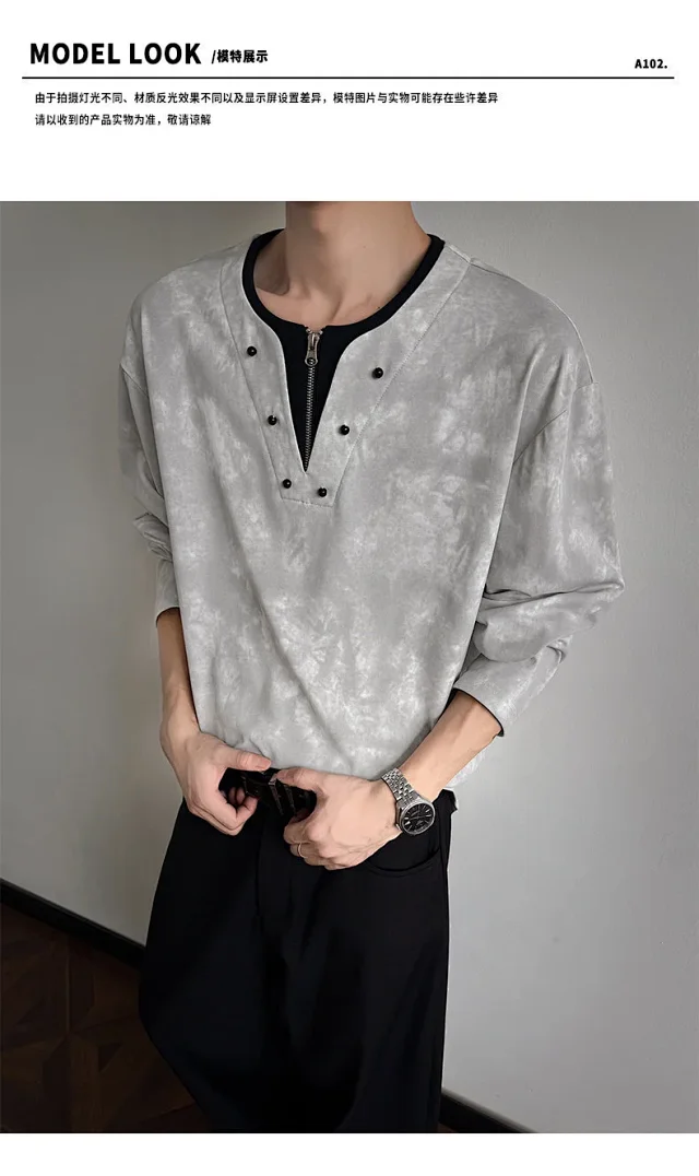 Men's Half-Zip V-Neck Tie-Dye Long-Sleeve T-Shirt Detail