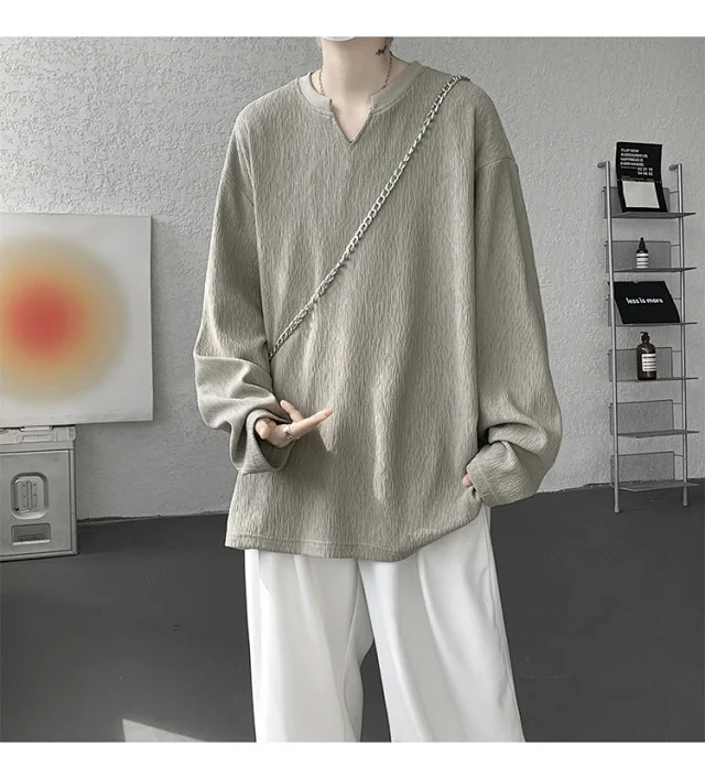Cleanfit Men's Vintage-Textured Long-Sleeve V-Neck Tee Detail