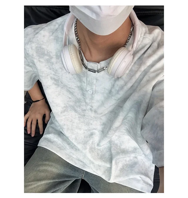 Distressed White Tie-Dye Matte Henley Tee Detail