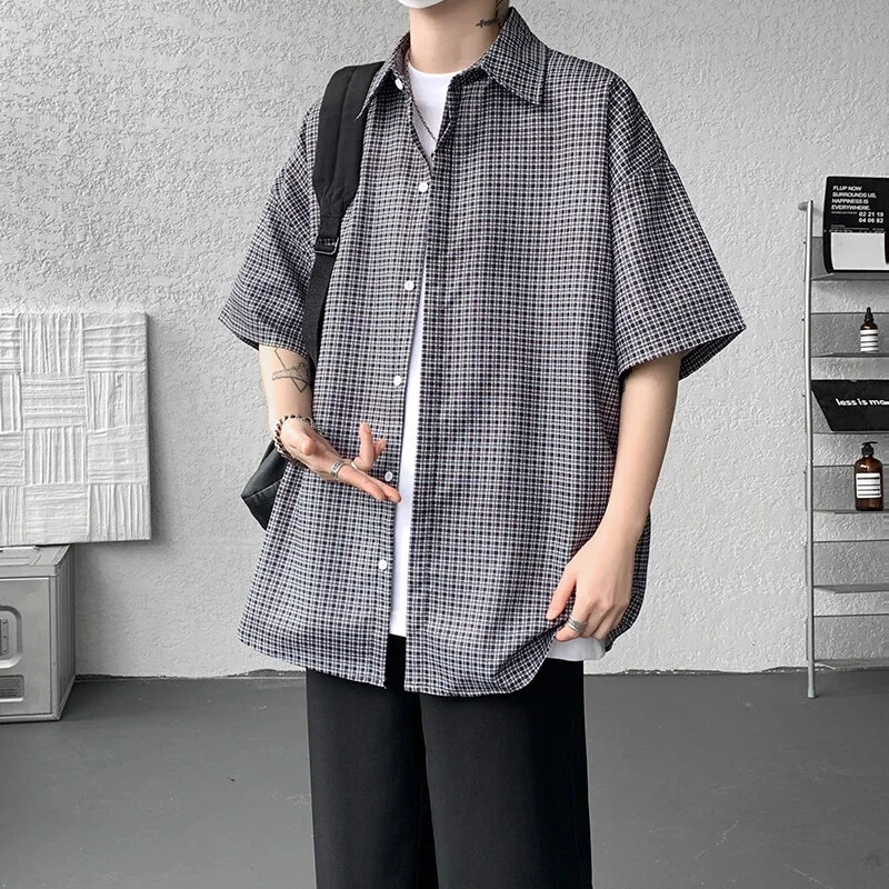 M-8XL Blue Plaid Short-Sleeve Shirt for Men