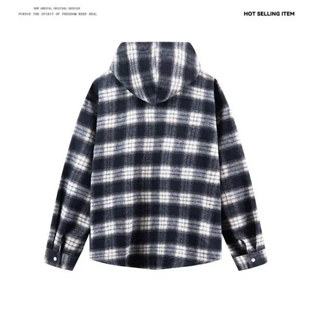 Men's Cyber Plaid Hooded Shirt Loose Unisex Detail