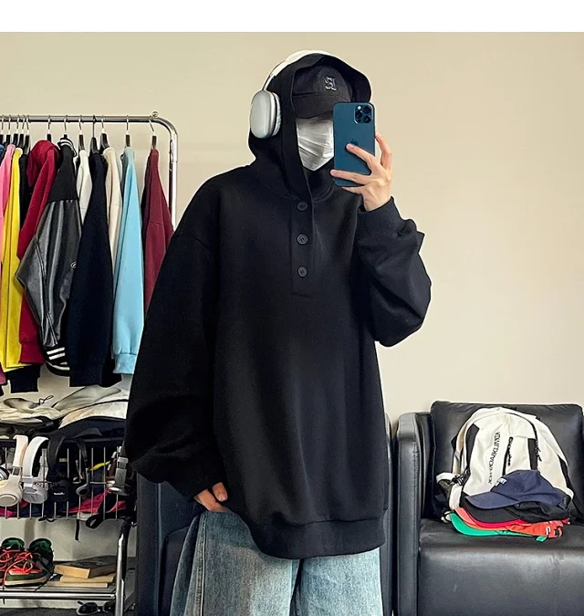 American Hip-Hop Men's Heavyweight Button Hoodie Detail