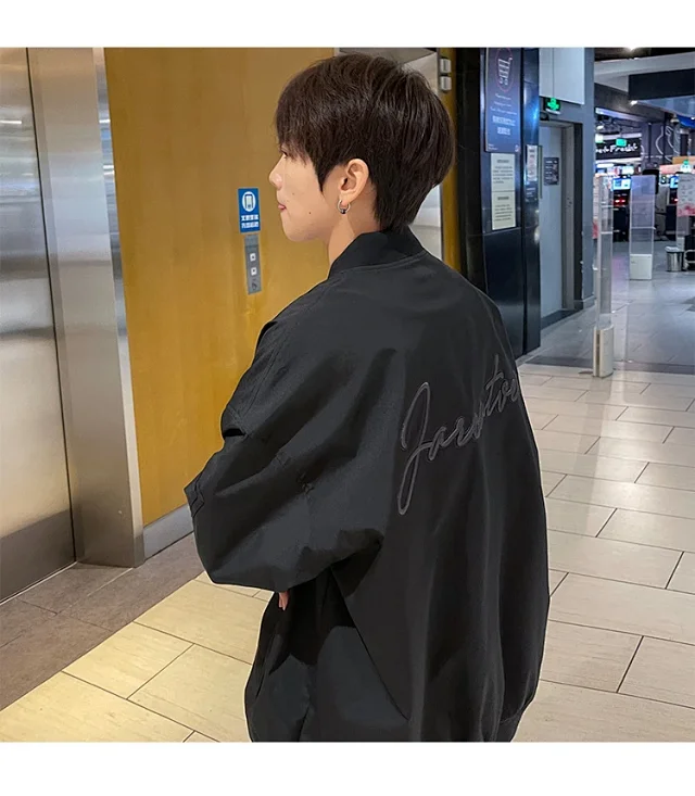 Men's Burgundy Hip-Hop Embroidered Bomber Jacket Detail