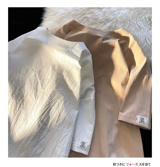 Men's Summer Linen-Like Oversized Solid T-Shirt Detail