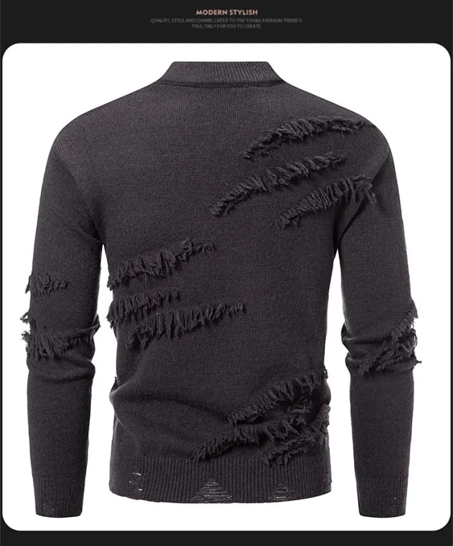 Men's Distressed Round-Neck Knit Sweater Casual Detail