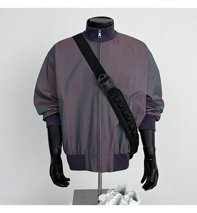Men's Iridescent Satin Cropped Mandarin-Collar Jacket Detail