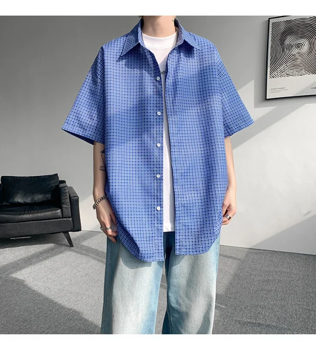 M-8XL Blue Plaid Short-Sleeve Shirt for Men Detail