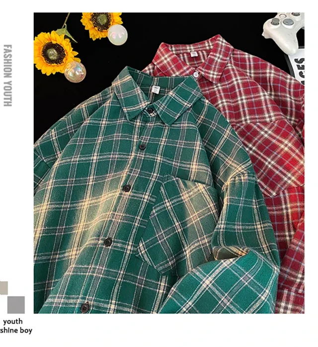 Men's Red Japanese Brushed Plaid Overshirt Detail