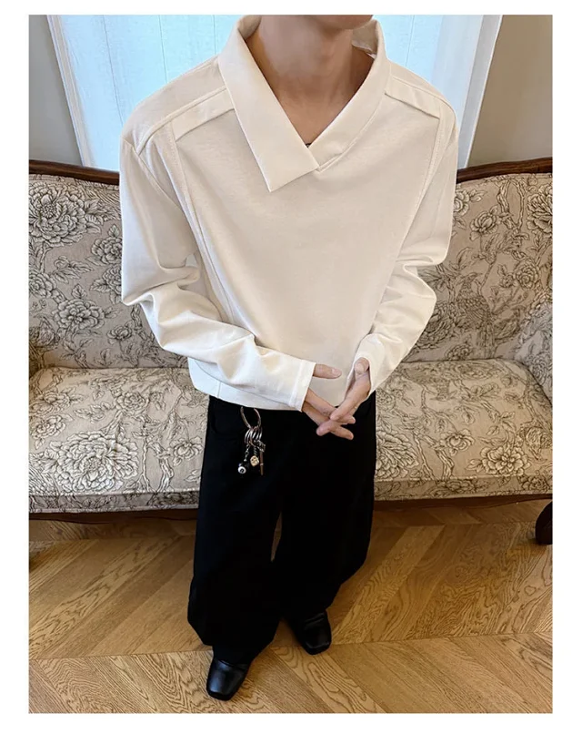 Men's White Deconstructed Polo Long Sleeve Detail