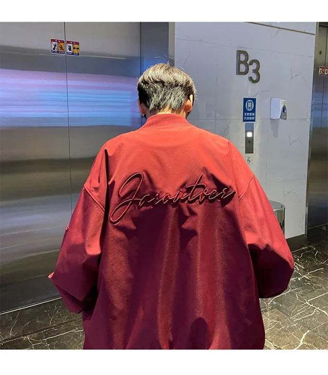 Men's Burgundy Hip-Hop Embroidered Bomber Jacket Detail