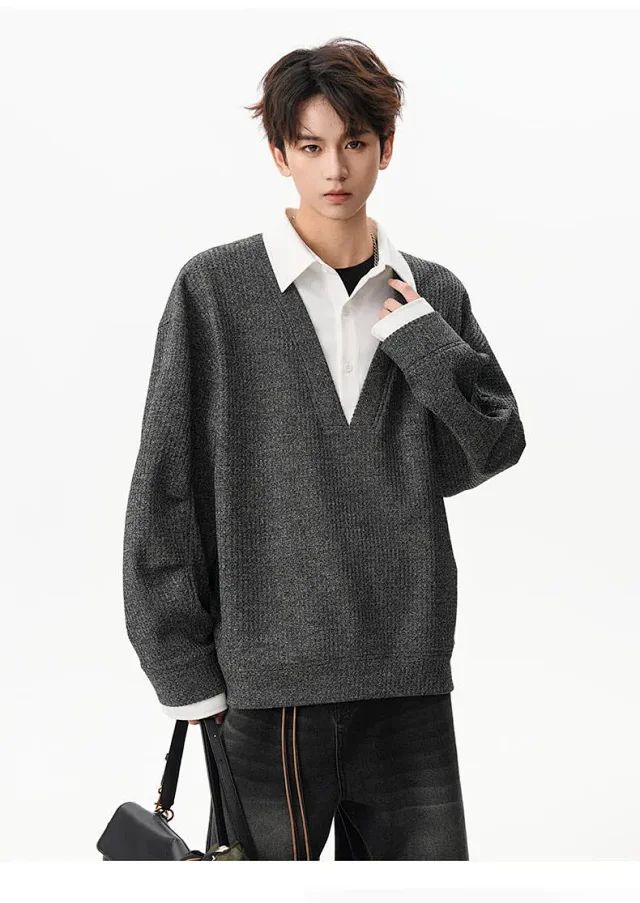 Men's Relaxed Shirt Collar Layered Sweater Detail