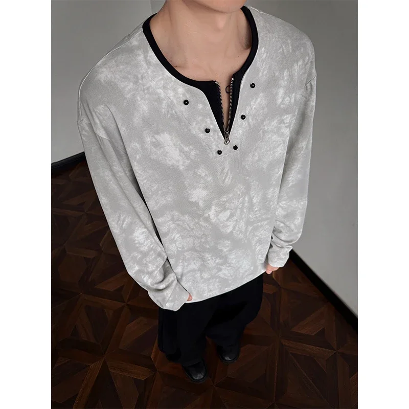 Men's Half-Zip V-Neck Tie-Dye Long-Sleeve T-Shirt