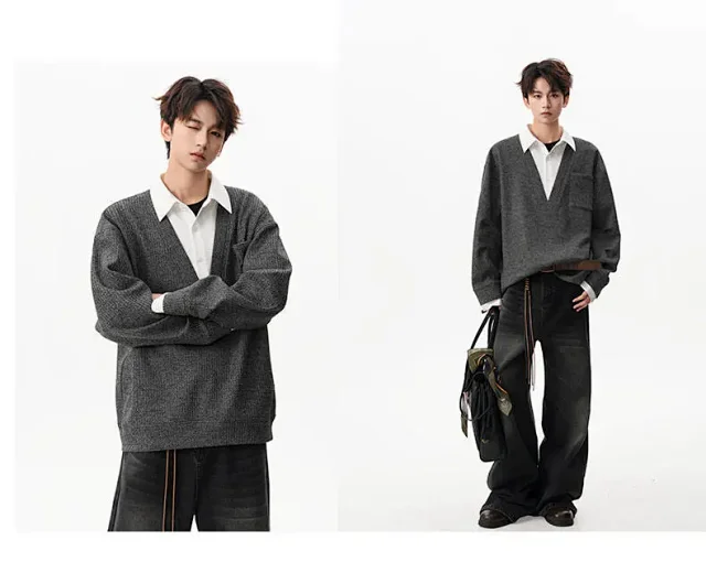 Men's Relaxed Shirt Collar Layered Sweater Detail