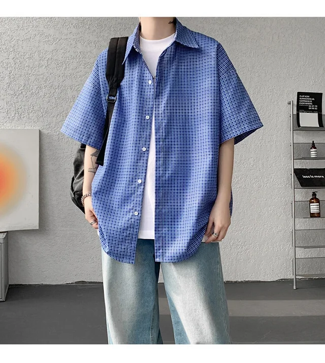 M-8XL Blue Plaid Short-Sleeve Shirt for Men Detail