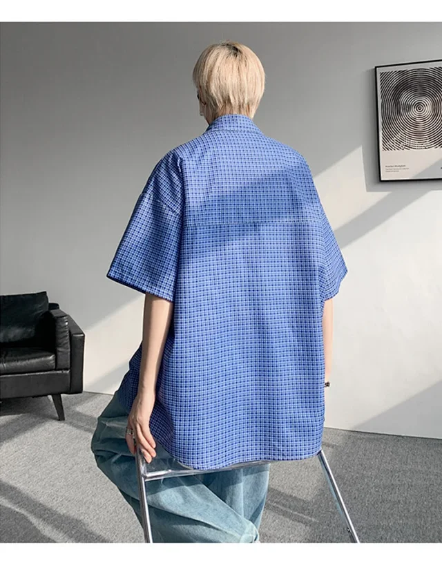 M-8XL Blue Plaid Short-Sleeve Shirt for Men Detail
