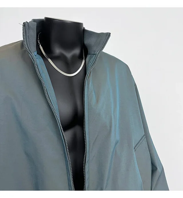 Men's Iridescent Satin Cropped Mandarin-Collar Jacket Detail