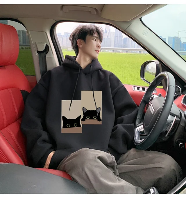 Men's Oversize Cotton Hoodie Cat Print Detail