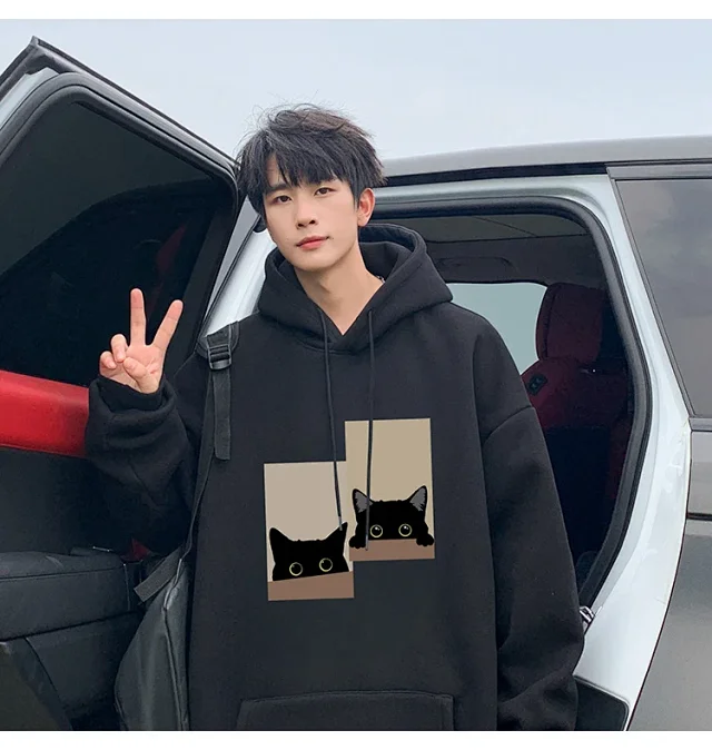 Men's Oversize Cotton Hoodie Cat Print Detail