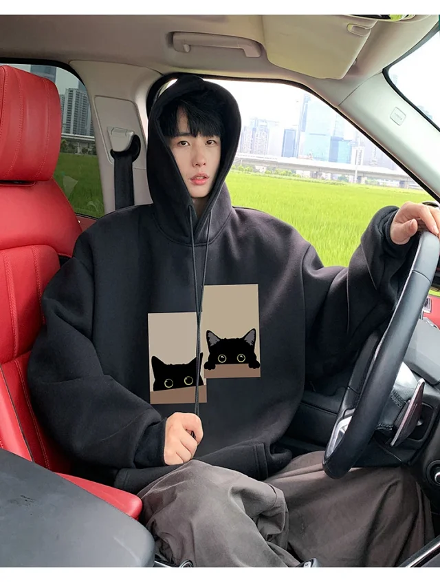Men's Oversize Cotton Hoodie Cat Print Detail