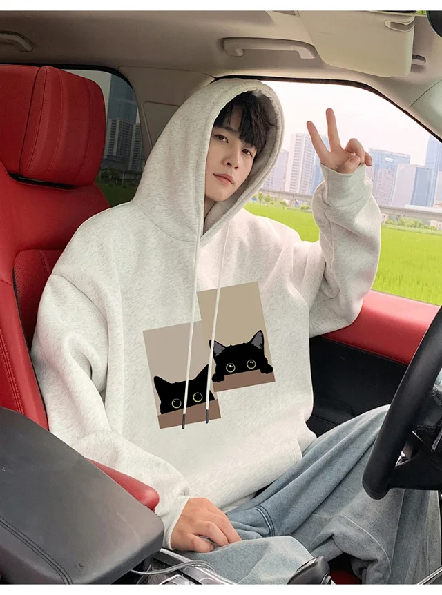 Men's Oversize Cotton Hoodie Cat Print Detail