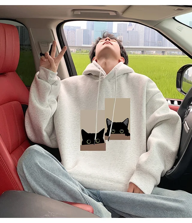 Men's Oversize Cotton Hoodie Cat Print Detail