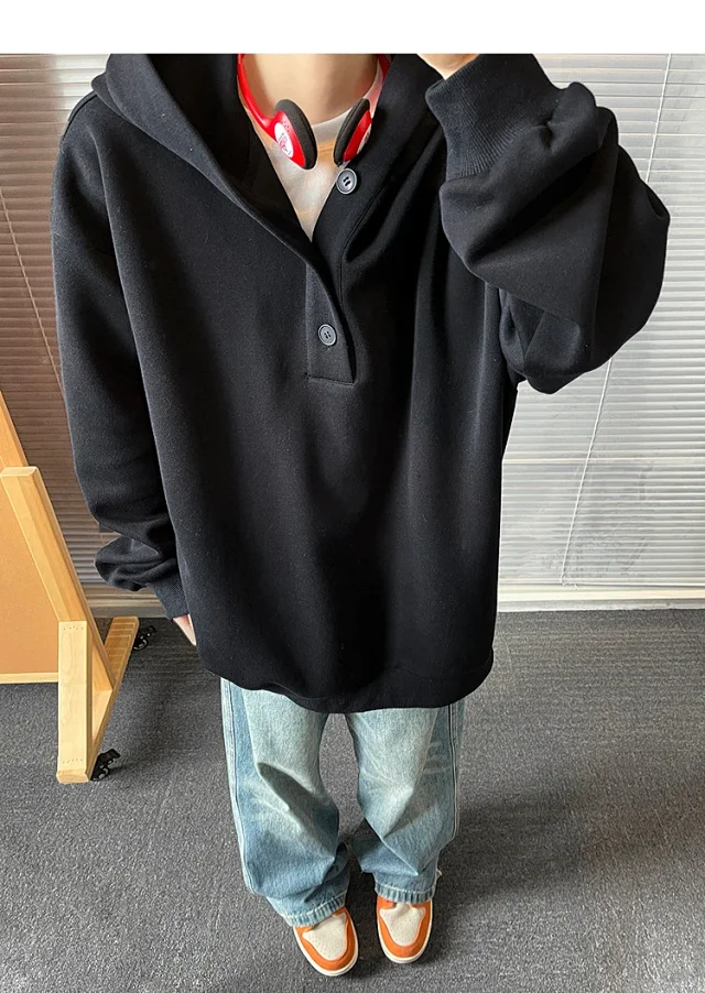 American Hip-Hop Men's Heavyweight Button Hoodie Detail
