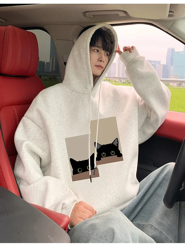 Men's Oversize Cotton Hoodie Cat Print Detail