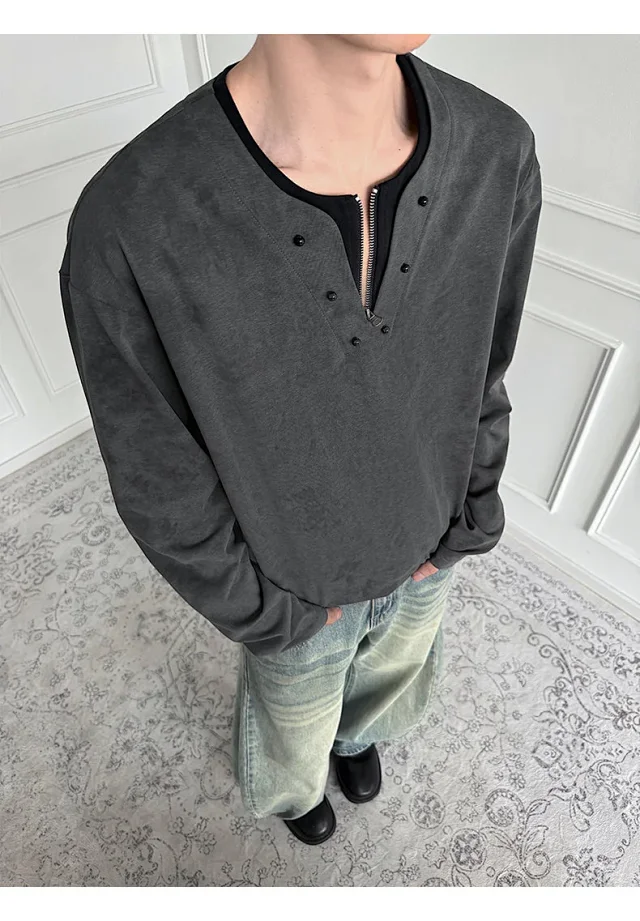 Men's Half-Zip V-Neck Tie-Dye Long-Sleeve T-Shirt Detail