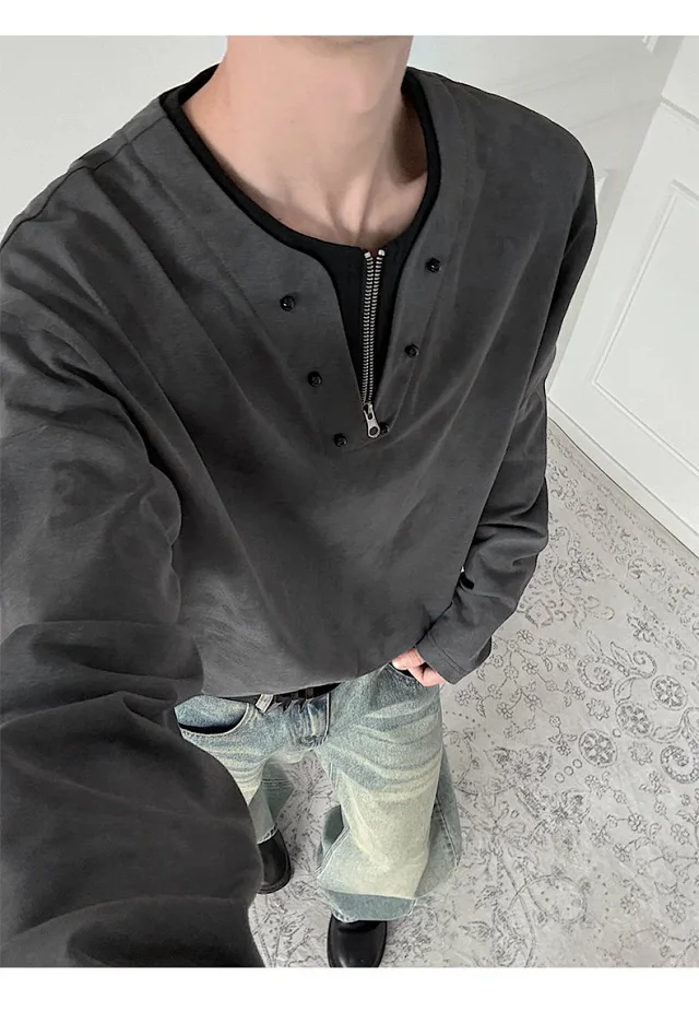 Men's Half-Zip V-Neck Tie-Dye Long-Sleeve T-Shirt Detail