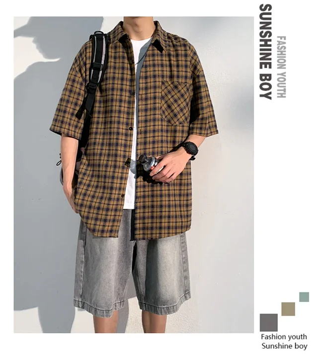 Men's Casual Checked Short Sleeve Shirt Detail