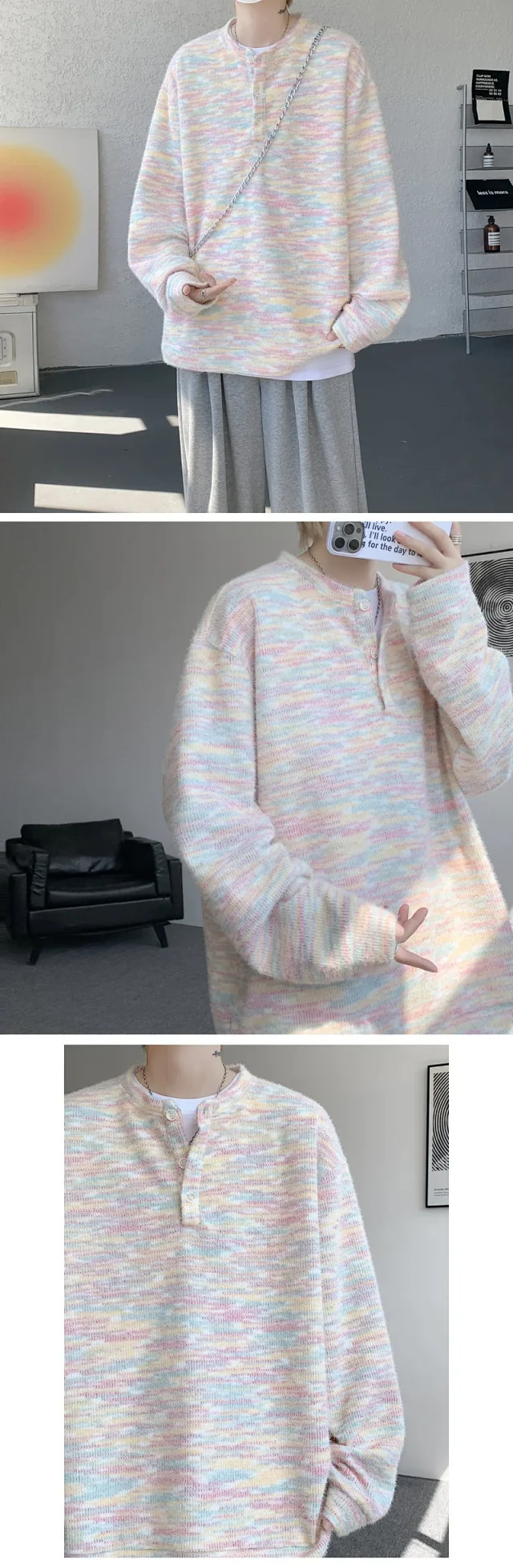 Cleanfit Colorful Unisex Loose Henley Hoodie Detail