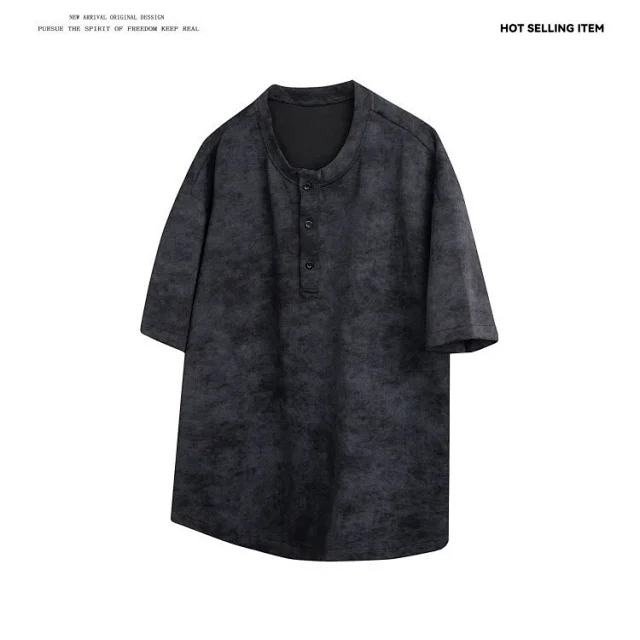 White Tie-Dye Matte Distressed Henley T-Shirt Detail