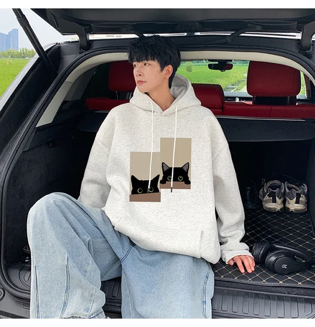Men's Oversize Cotton Hoodie Cat Print Detail