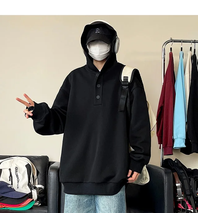 American Hip-Hop Men's Heavyweight Button Hoodie Detail