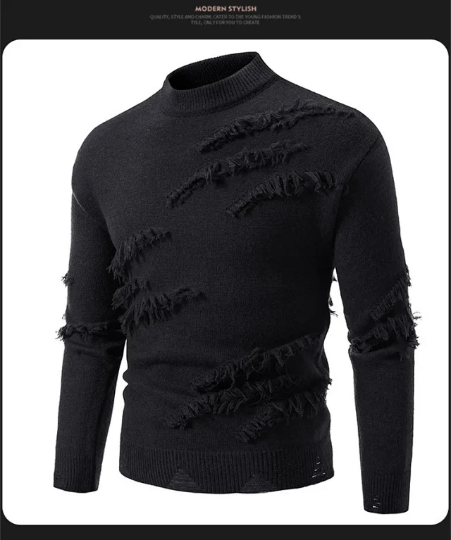 Men's Distressed Round-Neck Knit Sweater Casual Detail