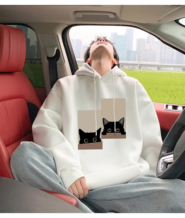 Men's Oversize Cotton Hoodie Cat Print Detail