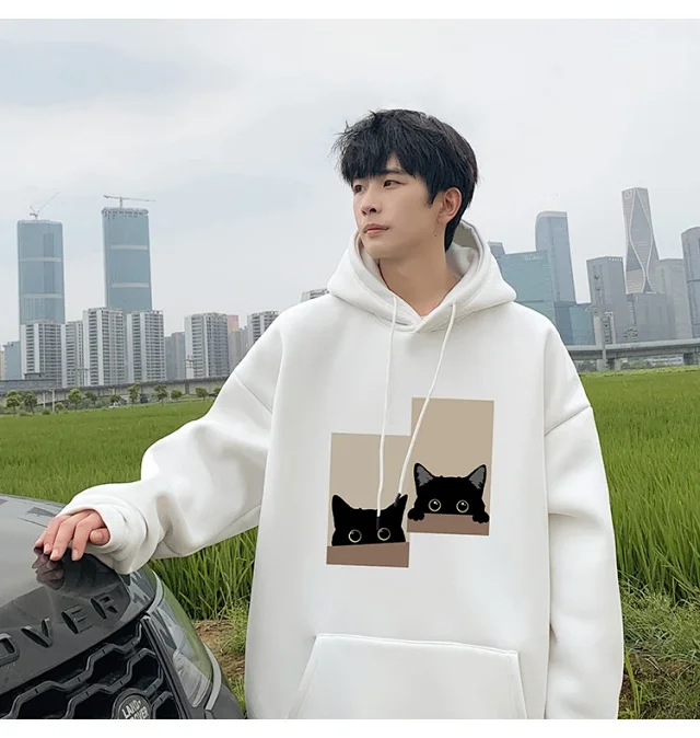 Men's Oversize Cotton Hoodie Cat Print Detail
